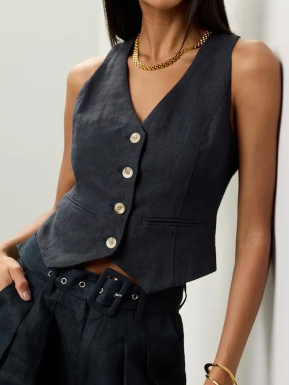 BLANKNYC Set Sail Vest in Navy Blue Large Womens Linen Sleeveless Top